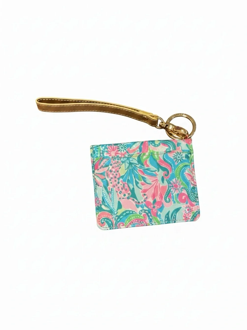 Lilly Pulitzer Gold Wristlet Card Case with Turquoise Pink Floral Print